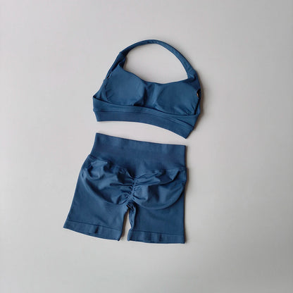 2 Pieces Yoga Suit Halter Sports Bra Matching Impact Shorts