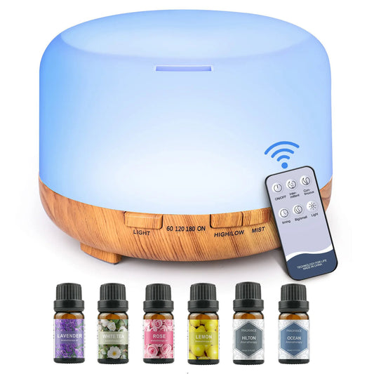 500ML Aromatherapy Oil Diffuser, with 6 Bottle 10ML Essential Oil Set (Lavender/Rose/Jasmine/Lemon/Hilton/Ocean)