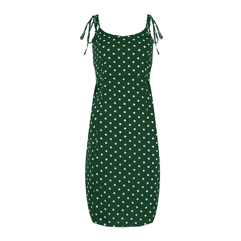 Polka Dot Sleeveless High Pleated elastic waist V-Neck  Dress