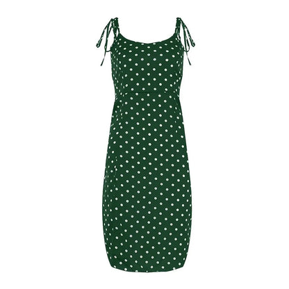 Polka Dot Sleeveless High Pleated elastic waist V-Neck  Dress