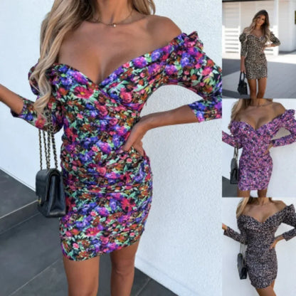 Casual Fashion Dress Off Shoulder V-neck Long Sleeved Floral Print