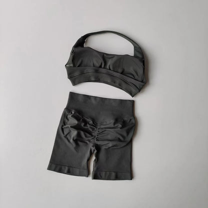 2 Pieces Yoga Suit Halter Sports Bra Matching Impact Shorts