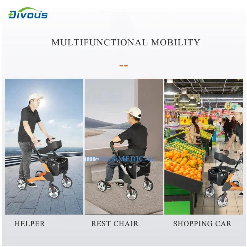 Outdoor 4 Wheels, Elderly Folding Rollator Walker with Hand Brakes, Seat for Disabled