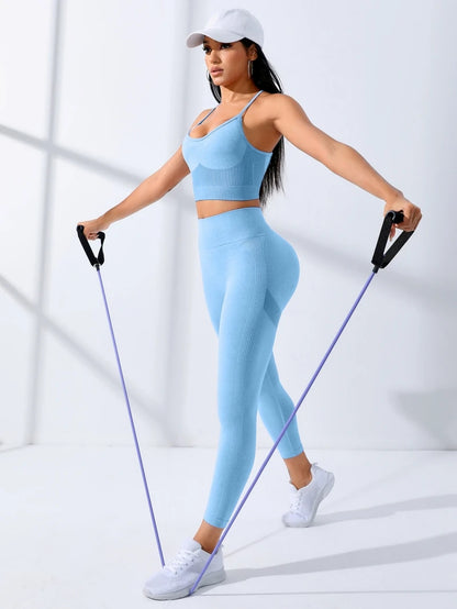 2/Pcs Seamless Workout Outfits Leggings And Thin Shoulder Strap Stretch Sports Bra