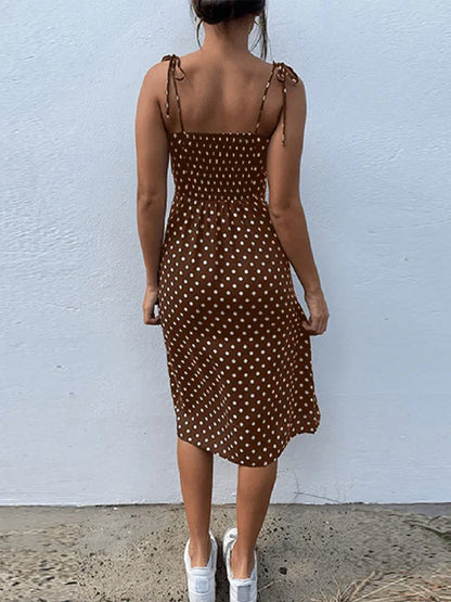 Polka Dot Sleeveless High Pleated elastic waist V-Neck  Dress