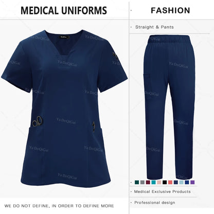 Anti-Wrinkle  Washable Medical Scrubs Sets Blouse Pockets Straight Pants
