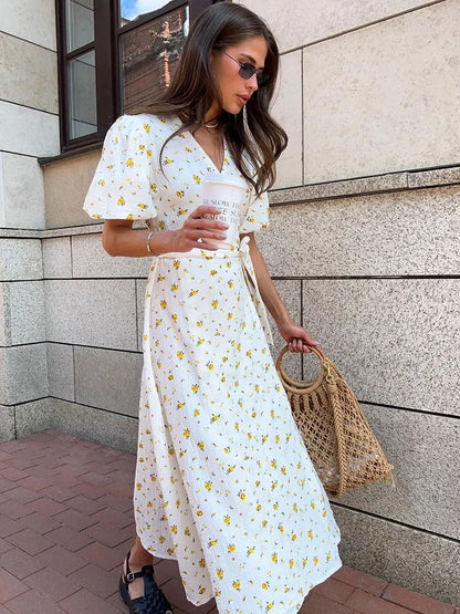 Casual Floral Printed Cotton Dress V-neck Short Sleeve Tunics Lace-up