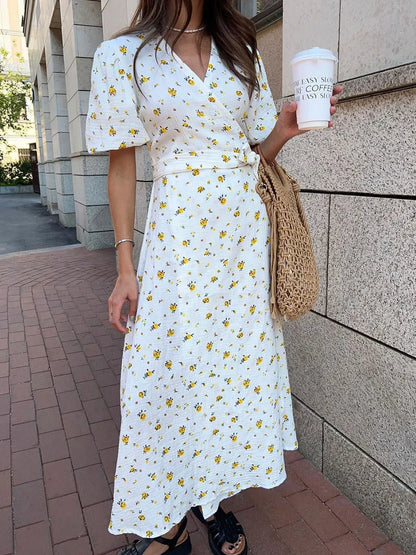 Casual Floral Printed Cotton Dress V-neck Short Sleeve Tunics Lace-up