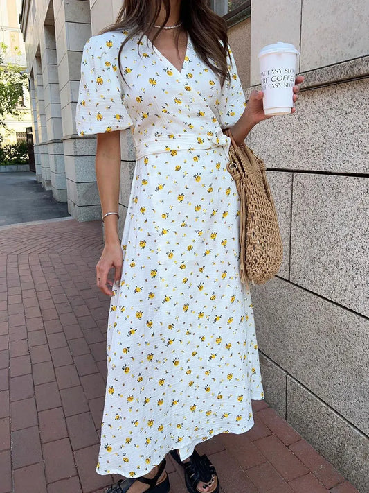 Casual Floral Printed Cotton Dress V-neck Short Sleeve Tunics Lace-up