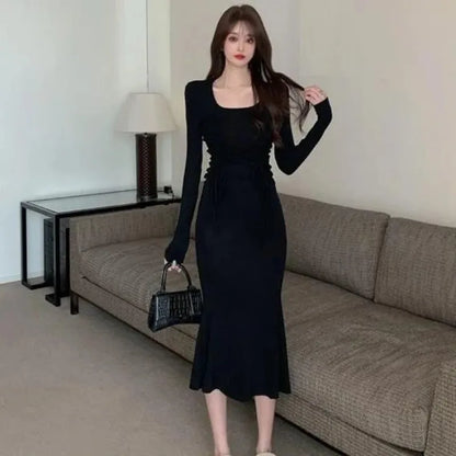 Elegant Black Dress  Slim Fit Fishtail  Long Sleeve Dresses