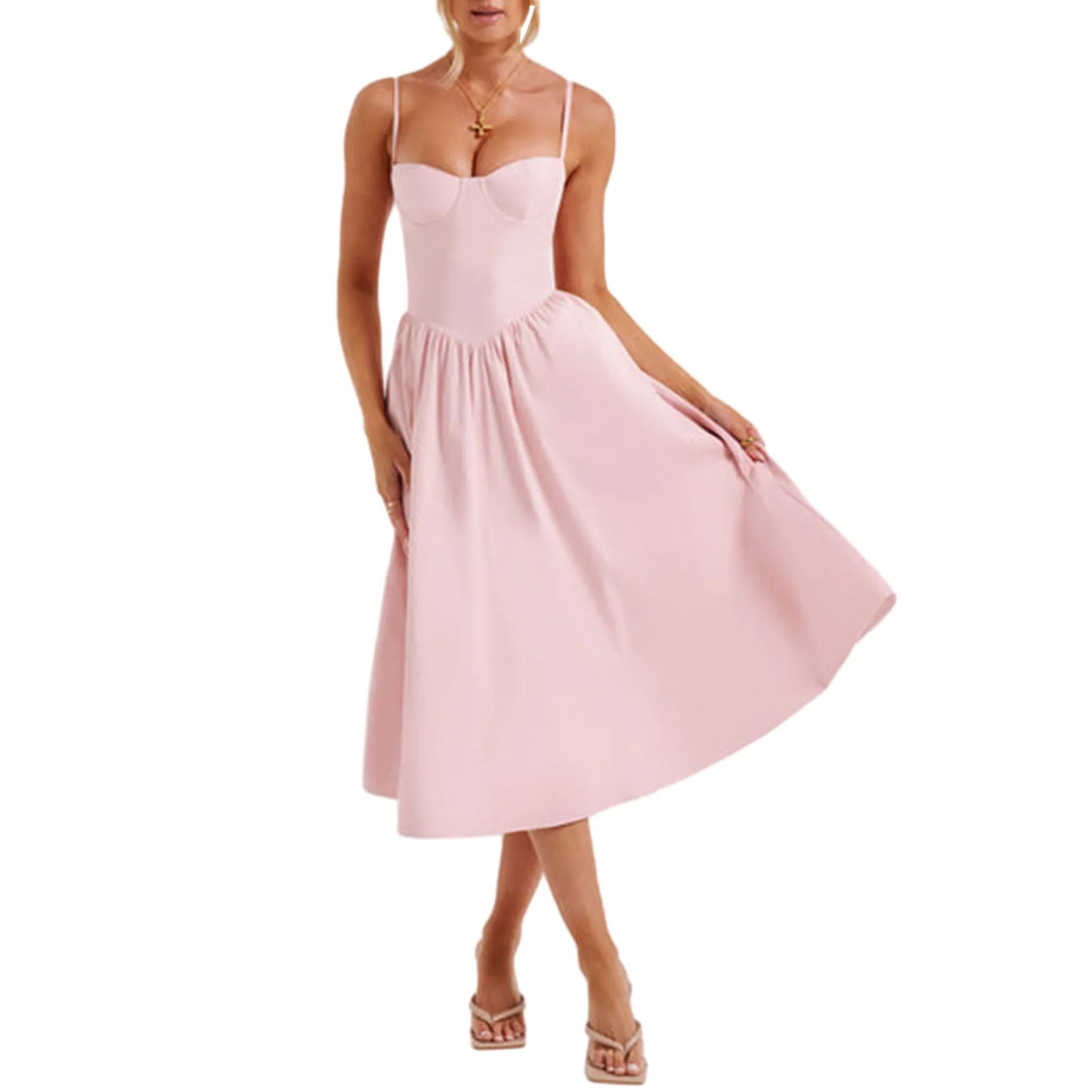 Midi Cami Dress Solid Color Sleeveless Backless Flowy Party Dresses