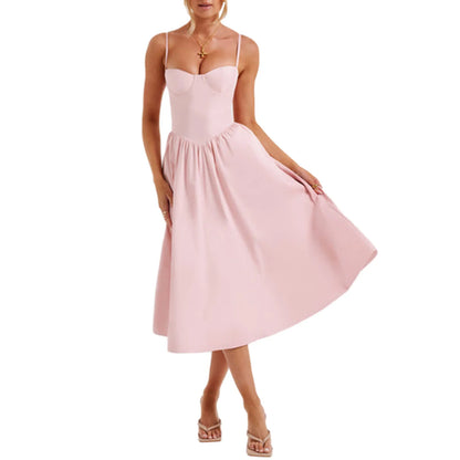 Midi Cami Dress Solid Color Sleeveless Backless Flowy Party Dresses