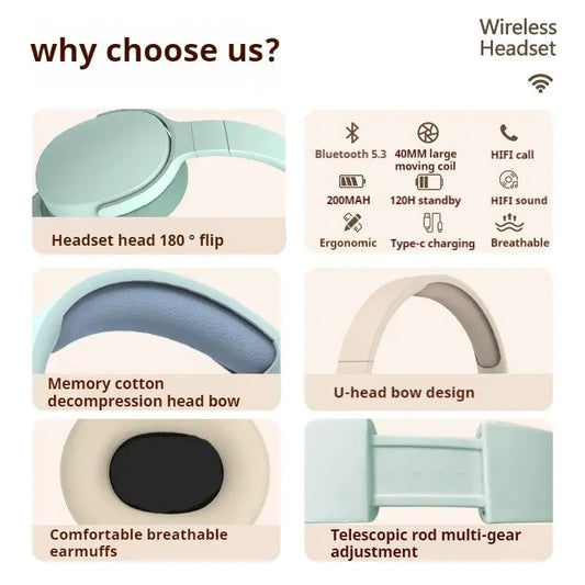 Fashion Wireless Bluetooth Headphones Over Ear HIFI Stereo Headsets