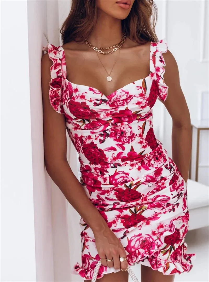 Sexy Dresses for  Date Night - V-Neck Sleeveless Ruffle Floral Printed