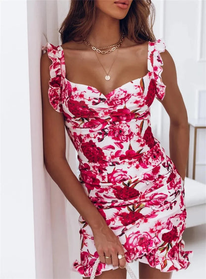 Sexy Dresses for  Date Night - V-Neck Sleeveless Ruffle Floral Printed