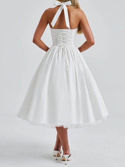 Sleeveless Midi Dress with Tie-up Halter Neck and Open Back