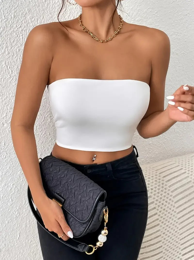 Sexy Bodycon Crop Tube Top, Solid Stretchy Tube Top,