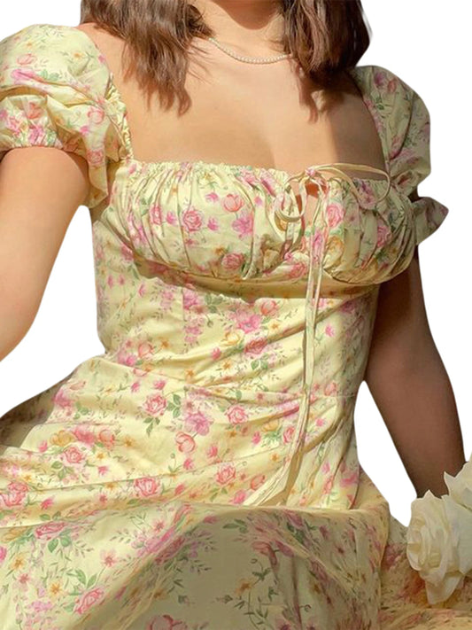 Maxi Dress with Puff Sleeves Lace-Up Detail Floral Print and High Side Split for a Stylish Look