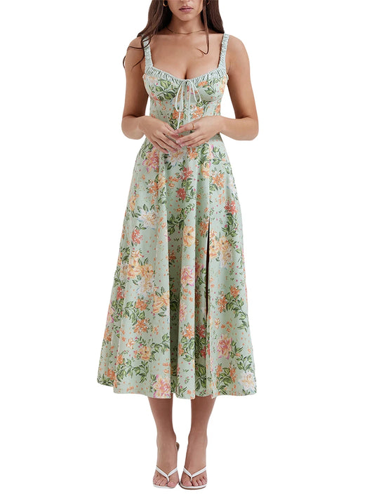 Floral Print Low-Cut Sleeveless Sling Sweet Dress