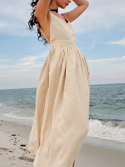 Casual Solid Color Long Dresses Sexy  Backless Party Pleated Dress