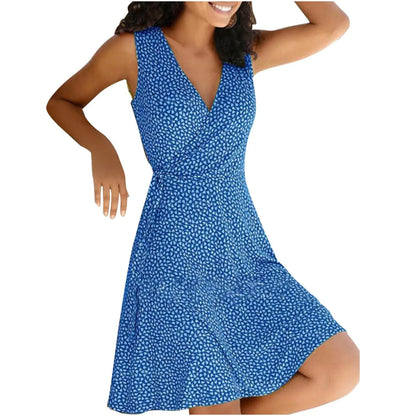 Casual Plus Size Floral Wrap V Neck Midi Dress A Line Swing Cap Sleeve
