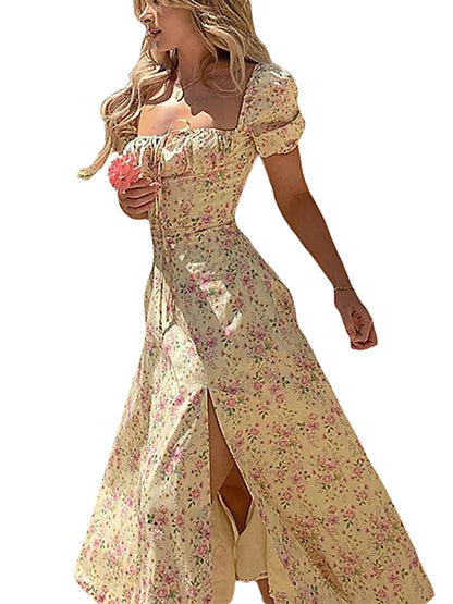 Maxi Dress with Puff Sleeves Lace-Up Detail Floral Print and High Side Split for a Stylish Look
