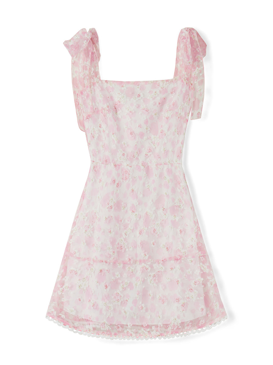 Casual Dress Floral Print Tie-Up Shoulder Strap Mini Dress Double Layer Backless