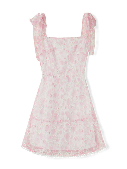 Casual Dress Floral Print Tie-Up Shoulder Strap Mini Dress Double Layer Backless