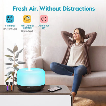 500ML Aromatherapy Oil Diffuser, with 6 Bottle 10ML Essential Oil Set (Lavender/Rose/Jasmine/Lemon/Hilton/Ocean)