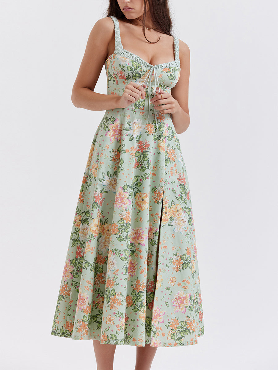 Floral Print Low-Cut Sleeveless Sling Sweet Dress