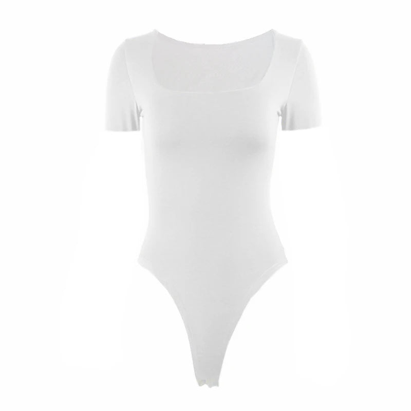 Short Sleeve Bodysuits  Square-Cut Collar Solid Bodycon