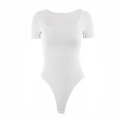 Short Sleeve Bodysuits  Square-Cut Collar Solid Bodycon