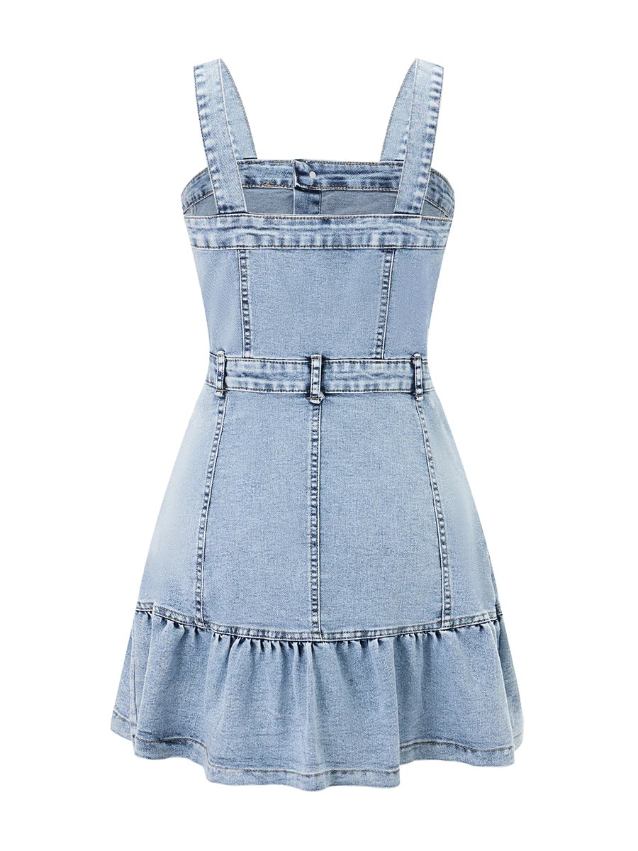 Sleeveless Denim Jumpsuit with Button Up Front and Square Neckline  Mini Dress