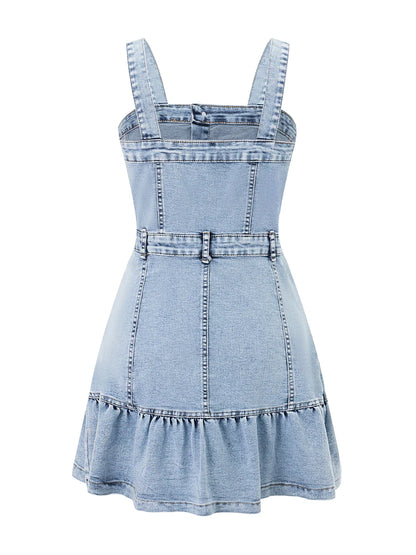 Sleeveless Denim Jumpsuit with Button Up Front and Square Neckline  Mini Dress