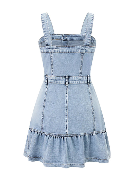 Sleeveless Denim Jumpsuit with Button Up Front and Square Neckline  Mini Dress