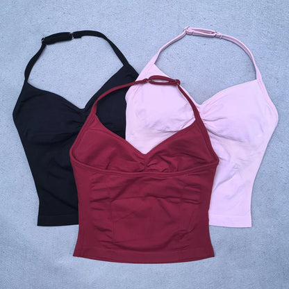 Adjustable Strappy Gym Top Backless Scrunch Bra Removable Cups