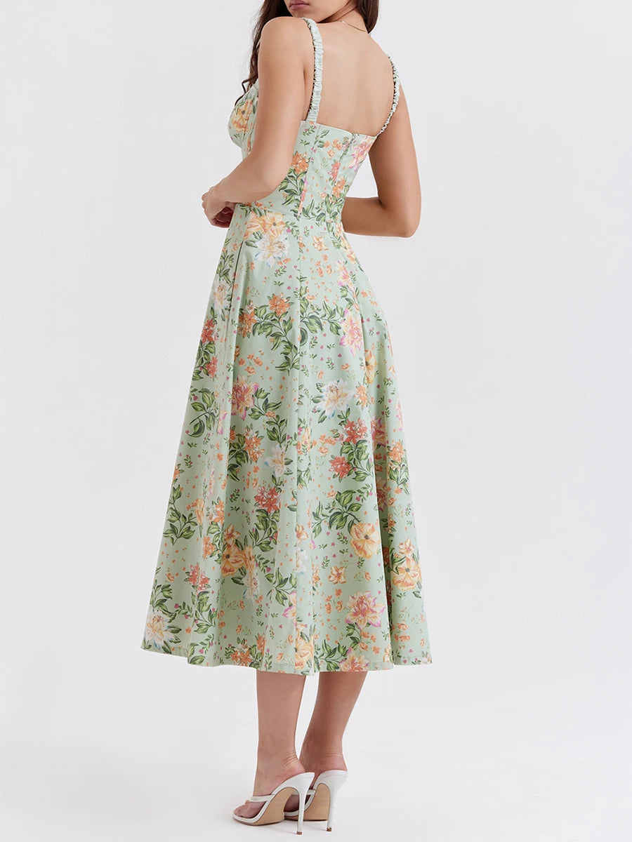 Floral Print Low-Cut Sleeveless Sling Sweet Dress