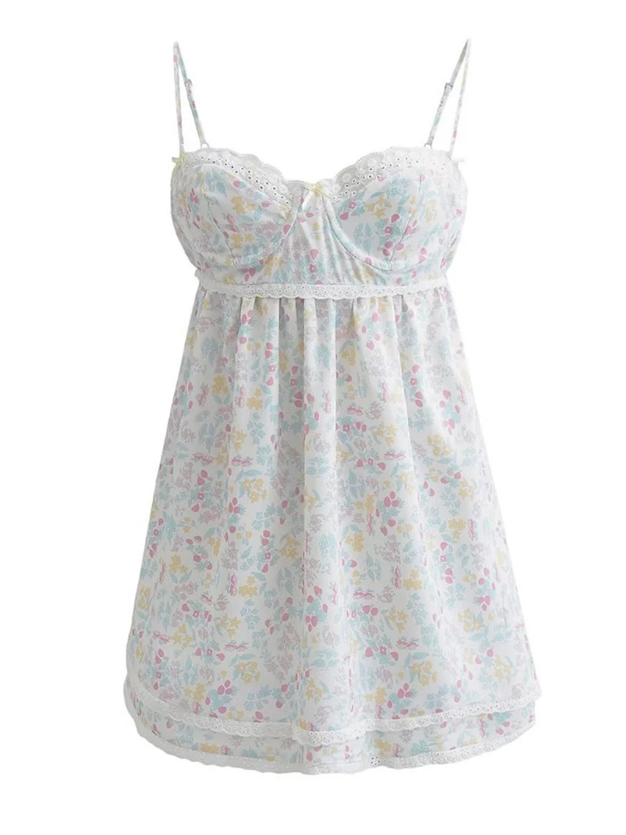 Mini Dress Floral Print Lace Sleeveless Backless Sling Dress