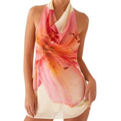 Elegant Floral Print Sleeveless Halter Neck Mini Dress