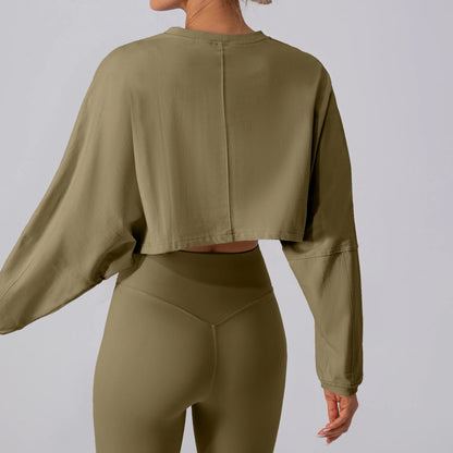 Women Sports Crop Top Long Sleeve T-Shirts Yoga Loose Tops