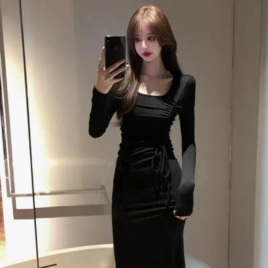 Elegant Black Dress  Slim Fit Fishtail  Long Sleeve Dresses