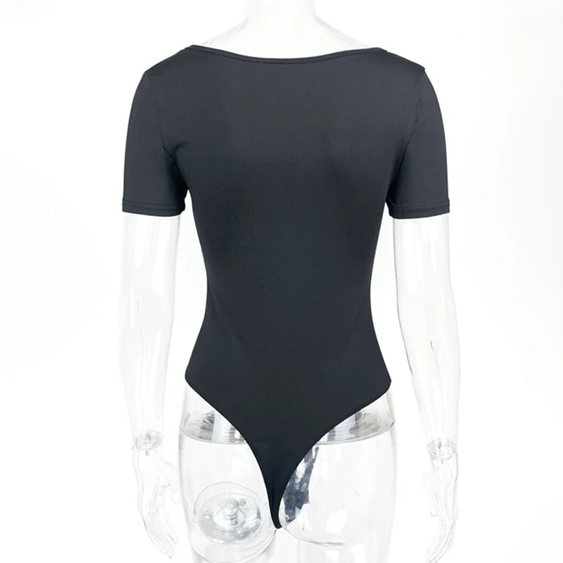 Short Sleeve Bodysuits  Square-Cut Collar Solid Bodycon