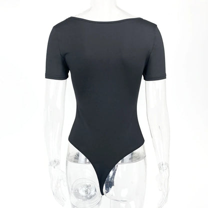 Short Sleeve Bodysuits  Square-Cut Collar Solid Bodycon