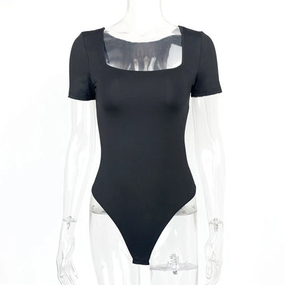 Short Sleeve Bodysuits  Square-Cut Collar Solid Bodycon