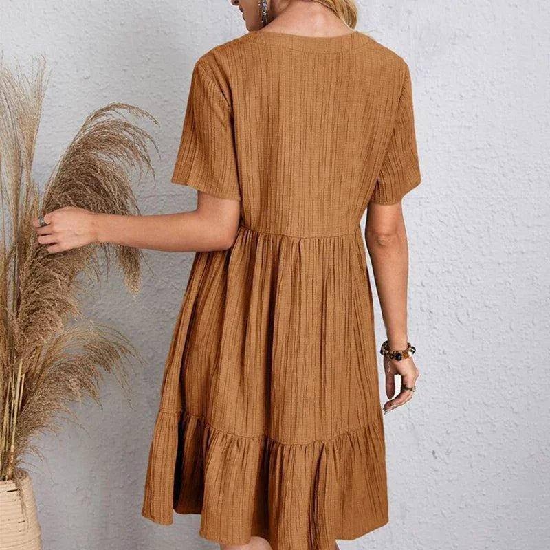 Loose V-neck Short Sleeved Pleated Women Dress