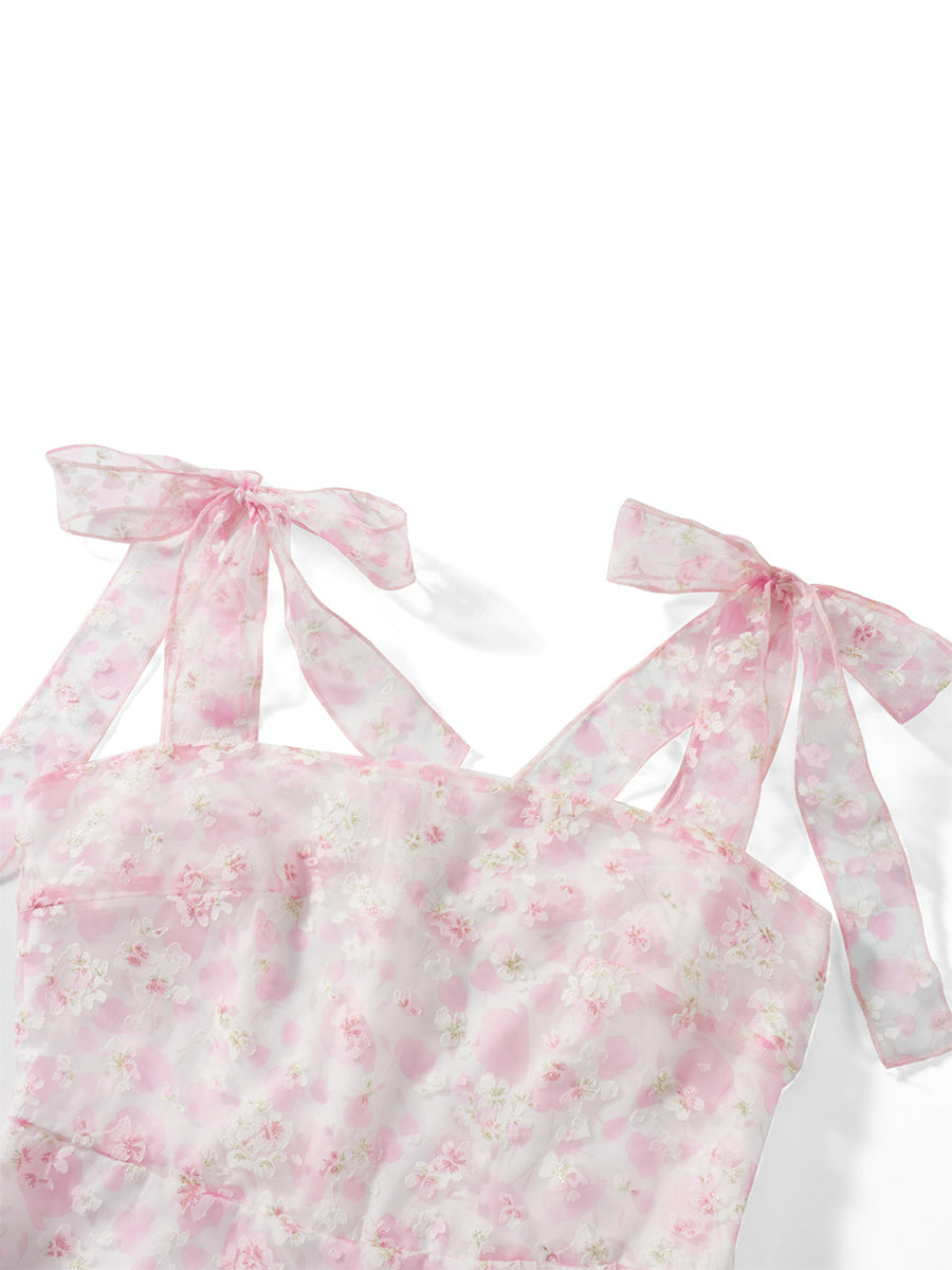 Casual Dress Floral Print Tie-Up Shoulder Strap Mini Dress Double Layer Backless