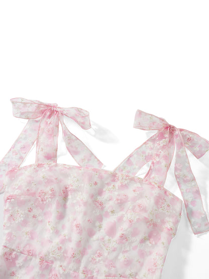 Casual Dress Floral Print Tie-Up Shoulder Strap Mini Dress Double Layer Backless