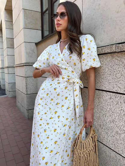 Casual Floral Printed Cotton Dress V-neck Short Sleeve Tunics Lace-up