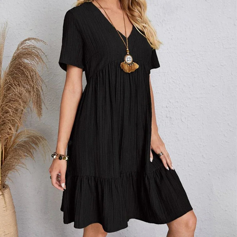 Loose V-neck Short Sleeved Pleated Women Dress