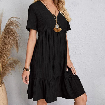 Loose V-neck Short Sleeved Pleated Women Dress